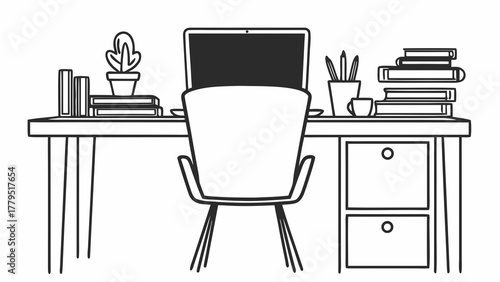 A minimalist black and white line drawing of a desk with a laptop books a plant and a chair representing a workspace