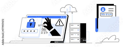 Laptop with a padlock, warning sign, hand holding keys, server, and folder indicating personal data. Ideal for cybersecurity, data protection, privacy, network security online threats identity