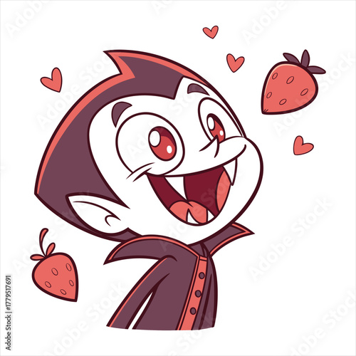 Cute cartoon vampire character with fangs and strawberries