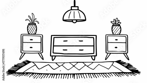 Hand drawn outline illustration of a cozy room interior with a dresser nightstands a rug and a hanging lamp