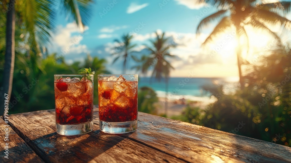 Fototapeta premium Two iced drinks with cherries on weathered wood, beach background