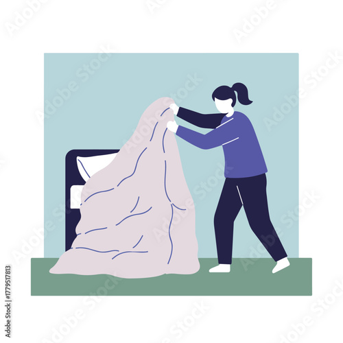 Illustration of a person making a bed, pulling up a blanket on a dark navy bed frame