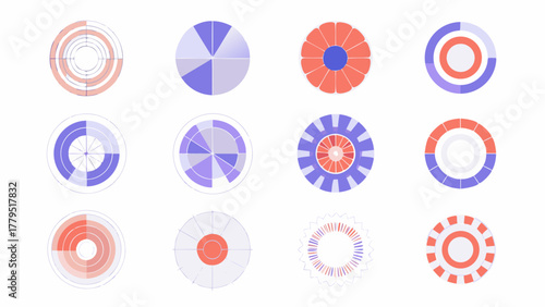 Collection of twelve abstract circular infographic elements and data visualization charts in purple and coral colors