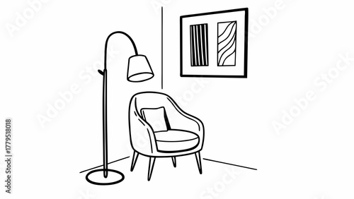 Minimalist line art drawing of a comfortable armchair with a pillow next to a floor lamp and framed art on a white wall