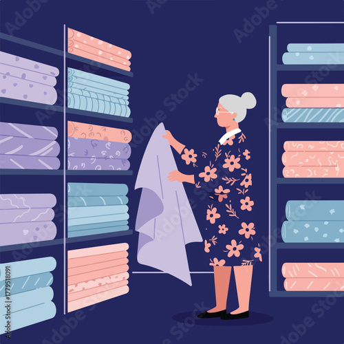 An elderly woman in a floral dress selects fabric from a shelf filled with patterned fabric rolls