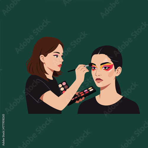 A makeup artist applies colorful eyeshadow to a model's eye with brush and palette, in a flat design