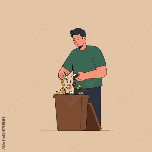 A man throwing food scraps into a brown trash can. Bananas, eggshells and coffee grounds are visible