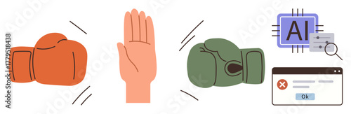 Boxing gloves framed by a stop hand gesture, AI chip, and error screen signify tension between humans and AI. Ideal for ethics, technology debates, machine learning boundaries, AI risks, conflict