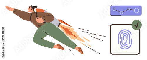 Person flying with jetpack symbolizes ambition and progress. Graph shows data growth, fingerprint authentication implies security. Ideal for business, tech, innovation, startup, future, security