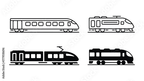 Various modern train vector icons set with high-speed passenger and locomotive designs for transportation system.