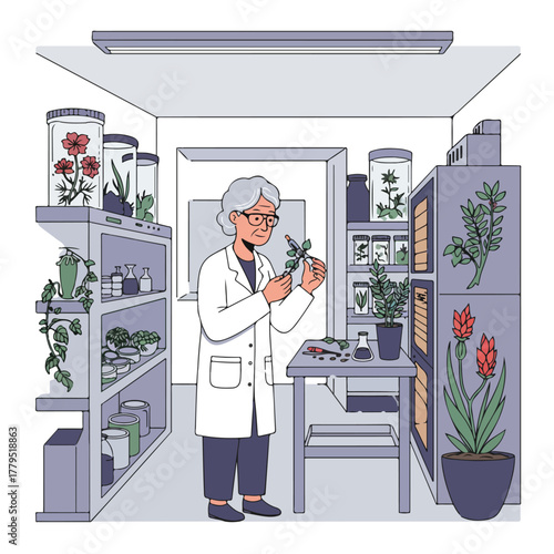 A scientist in a lab coat examines a plant. Shelves hold jars, plants and equipment. The interior is light