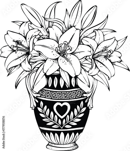 An engraving art style illustration a beautiful black and white sketch of lilies in an ornate vase with a heart emblem