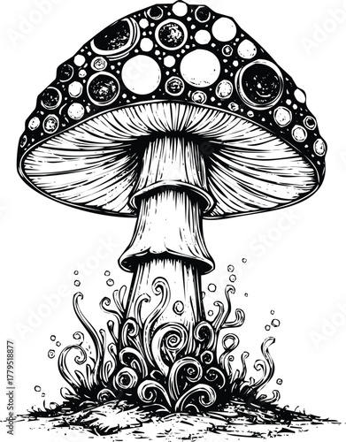 An engraving art style illustration a detailed black and white illustration of a fantasy mushroom with a spotted cap and swirling base