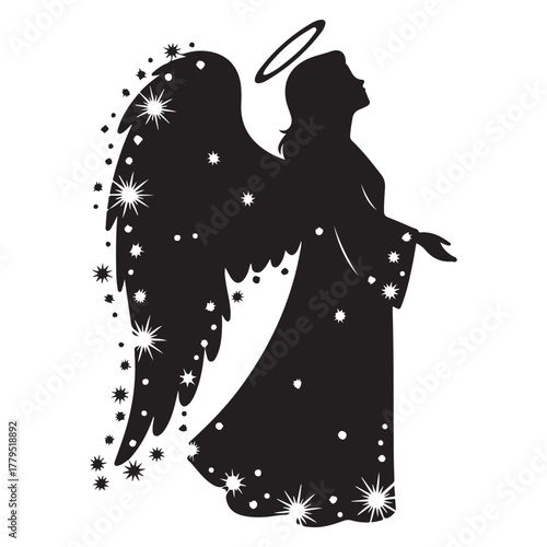 Elegant Angel Silhouette with Halo and Sparkling Stars