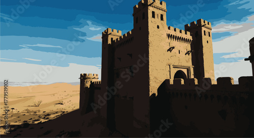 Grand Desert Castle A Fortress in the Sands Underneath a Cloudy Blue Sky