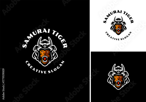 Samurai tiger head mascot logo, strength tiger vector illustration template
