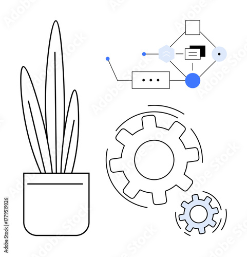 Potted plant alongside gears and flowchart elements connecting nodes and processes. Ideal for balance, growth, automation, engineering, workflow, creativity, project management. Simple flat metaphor