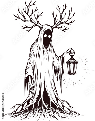 An engraving art style illustration a spooky tree creature with antlers and a lantern