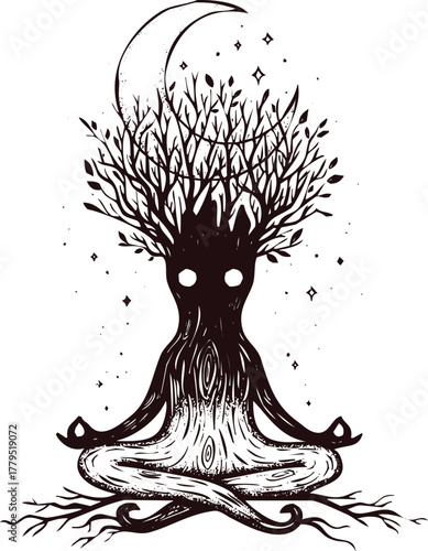 An engraving art style illustration a tree creature meditating in a yoga pose under the moon