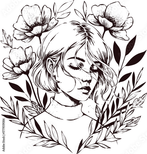 An engraving art style illustration a womans portrait surrounded by flowers and leaves