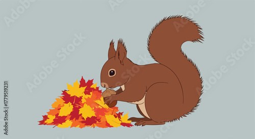 Cartoon squirrel with leaves and nut