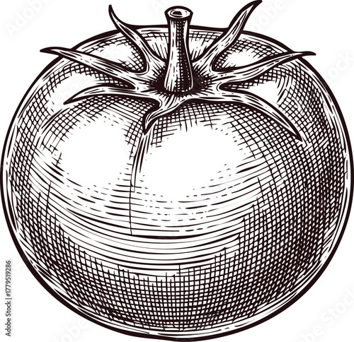 An engraving art style illustration handdrawn sketch of a ripe tomato, perfect for culinary and healthy eating themes