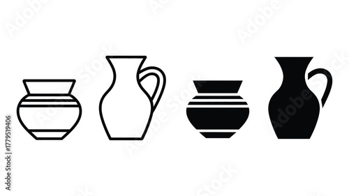 Pottery jugs and vases collection: minimalist outline and silhouette icons of various ancient ceramic vessels