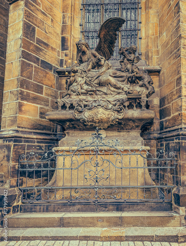 Beautiful view of ancient buildings and red roofs in Prague, Czech Republic