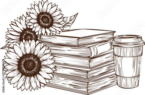 An engraving art style illustration a stack of books with sunflowers and a coffee cup