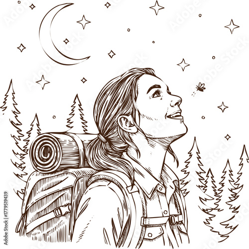 An engraving art style illustration a sketch of a person with a backpack looking up at the starry night sky