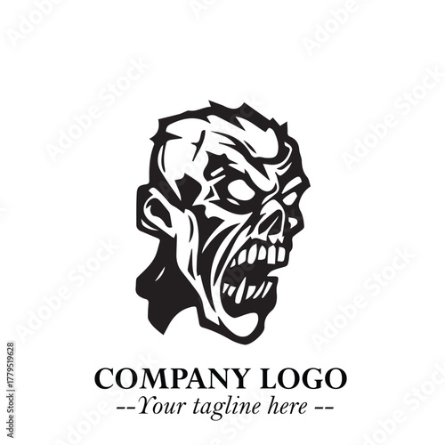 Head of Zombie Logo Symbol in Black on the White Background with Horror Minimal Vector Design