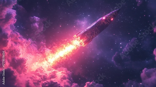 Fototapeta Naklejka Na Ścianę i Meble -  Rocket launching through nebula, cosmic background, space exploration