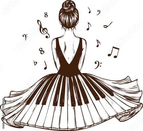 An engraving art style illustration artistic depiction of a ballerina with a dress made of piano keys, surrounded by musical notes