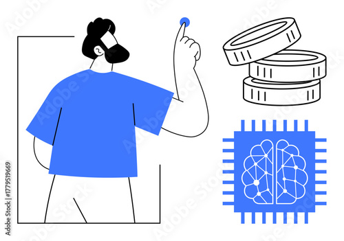 Man raising hand to select a microchip with neural connections, depicted beside stacked coins. Ideal for AI, finance, decision-making, innovation, machine learning, economy investments. A simple