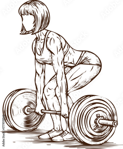 An engraving art style illustration woman performing a deadlift exercise with a barbell, sketch style