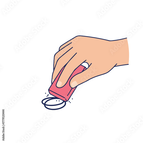 A hand, drawn in simple lines, erases a mark with a pink eraser, creating dust