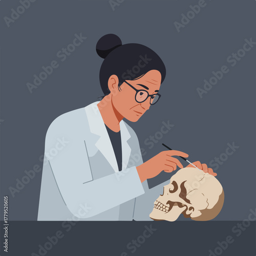 An illustration shows a woman in lab coat with glasses, examining a human skull with a tool