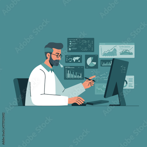 An illustration depicting a data analyst with a beard analyzing charts on computer screens. Focus on figures