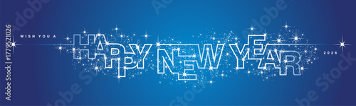 We wish you Happy New Year 2026 line design shiny glitter sparkler fireworks 2026 new year eve white blue vector wallpaper long banner greeting card