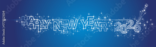 Happy New Year 2026 line design shiny glitter sparkler firework open champagne 2026 new year eve party white blue vector wallpaper long banner greeting card