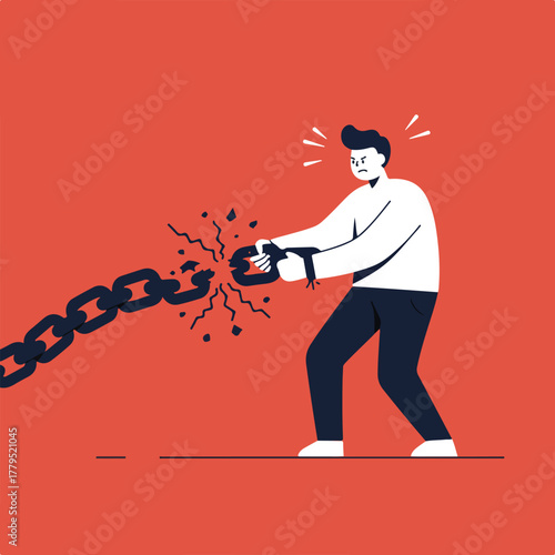 An illustration shows a person breaking a chain. Expressing freedom, power, and overcoming obstacles against a red backdrop