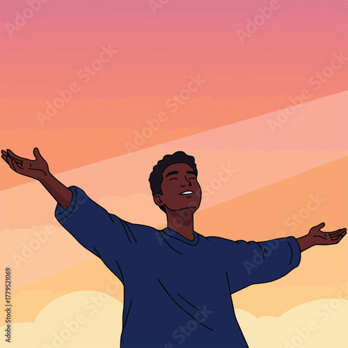 A person with arms outstretched and eyes closed in front of a colorful, gradient sky, feeling open