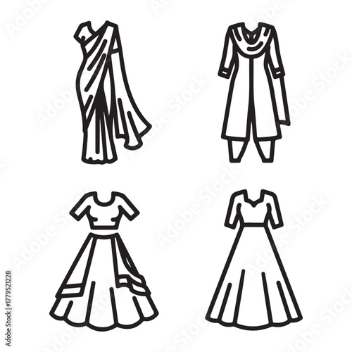 Indian Traditional and Modern Womenswear Outfits Line Art Icons Indian clothing womens fashion