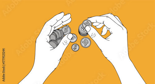 Two hands hold and arrange coins on a yellow background