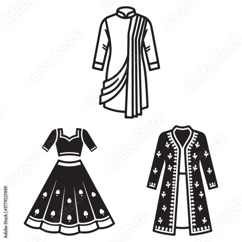 Indian Traditional Clothing Outfits Line Art Icons Indian clothing traditional wear