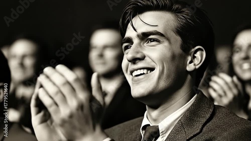 Enthusiastic audience member applauding in monochrome theater scene captures joyful applause