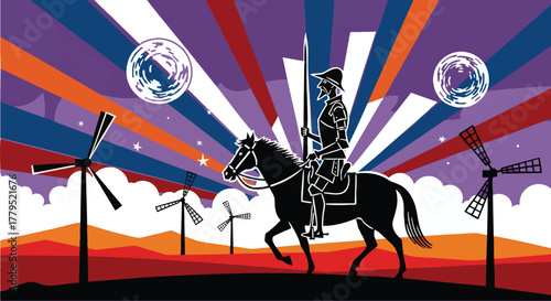 Don Quixote on horseback rides through a surreal landscape with windmills and celestial bodies, illustration