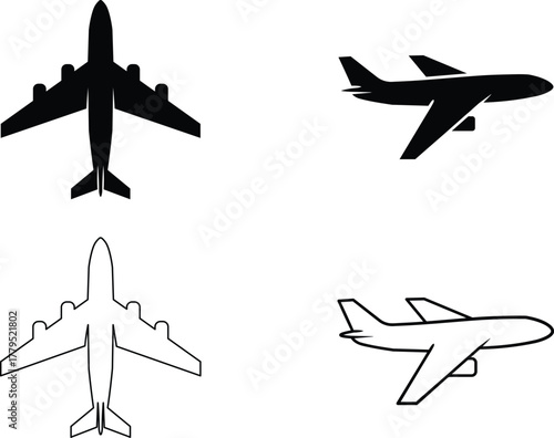 Four airplane icons solid and outline top and side views aircraft aviation