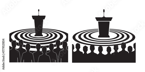Black Silhouette Podium Debate Icons Engulfed Crowds Concentric Waves Public Vector Art.