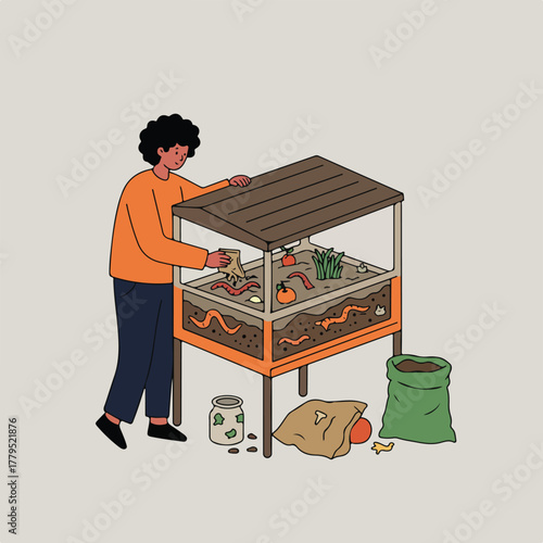 An illustration depicts a person tending to a worm bin with various composting items surrounding it